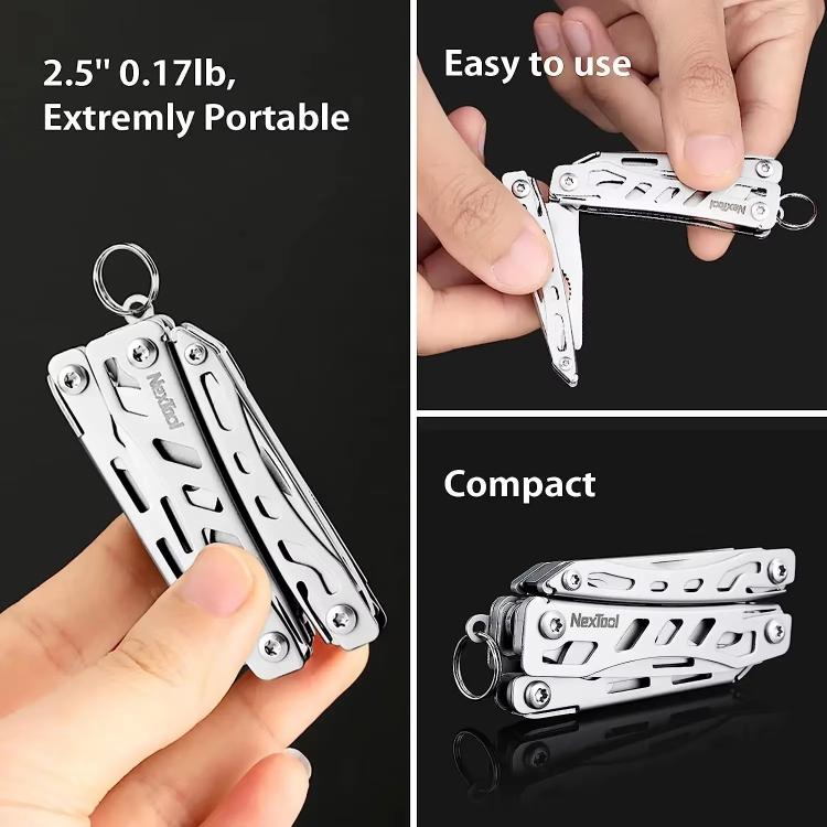 Keychain multitool pliers, compact folded design, held for portability