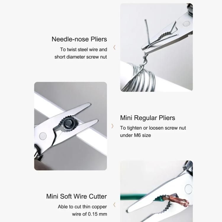 Multitool pliers with needle-nose jaws, mini regular pliers, and wire cutter