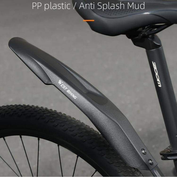 Black extra-wide bike fender with mounting holes and WEST BIKING logo detail