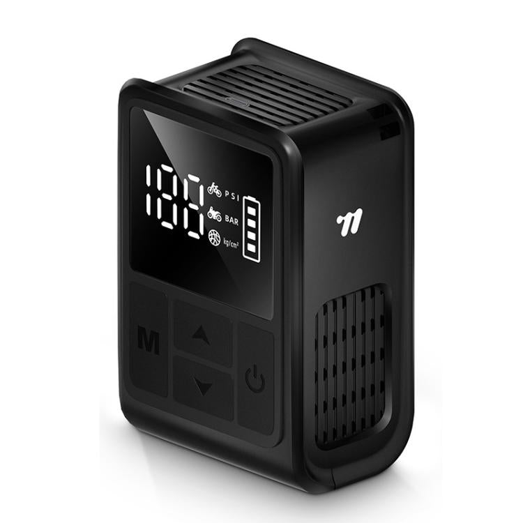 Black mini digital electric air pump inflator with backlit pressure display and buttons