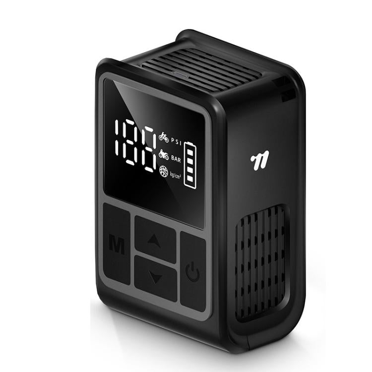 Black handheld digital electric air pump inflator shown at a 3/4 angle with display