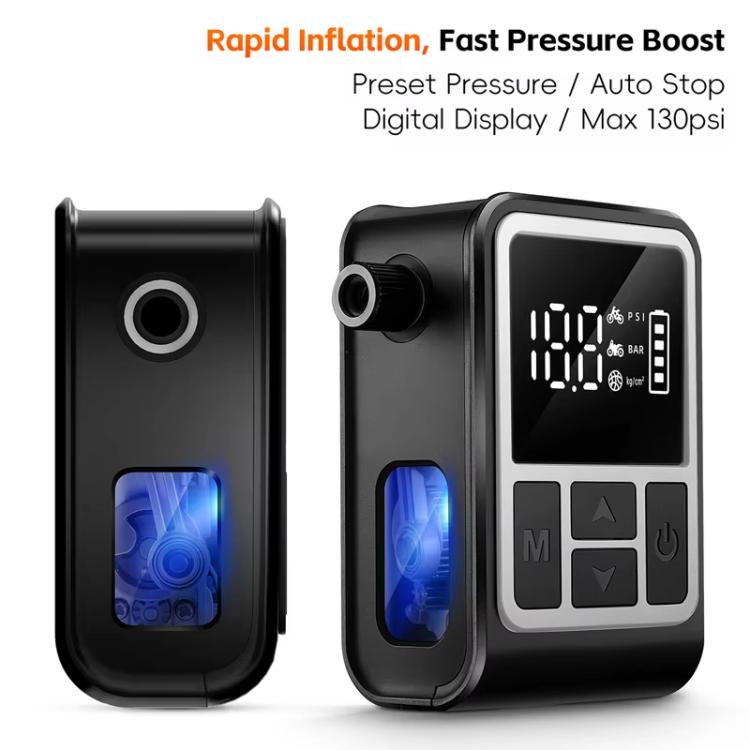Black mini air pump inflator with digital screen and built-in light blue glow