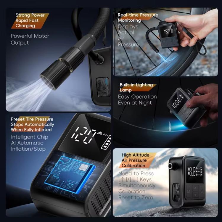 Black portable electric air pump with illuminated screen and airflow view, plus control panel