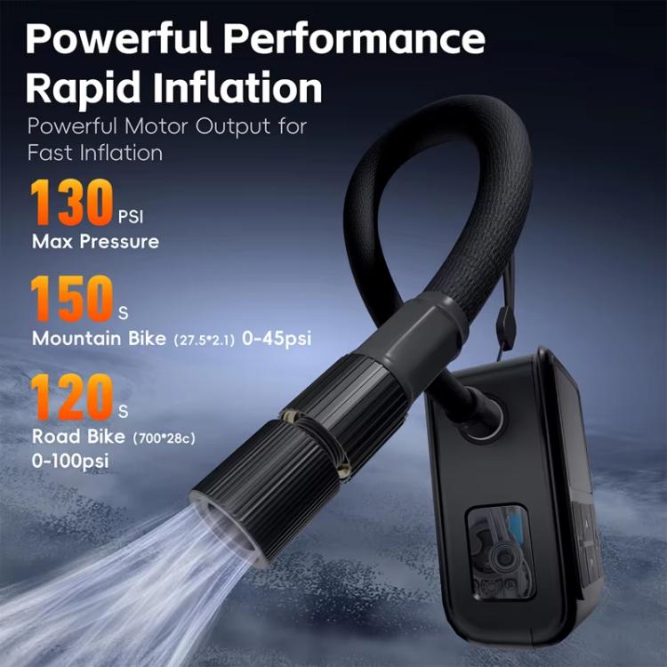Black mini air pump inflator dispensing air from the nozzle with glowing display