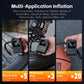Black digital air pump inflator shown in use for inflating tires, sports balls, and more
