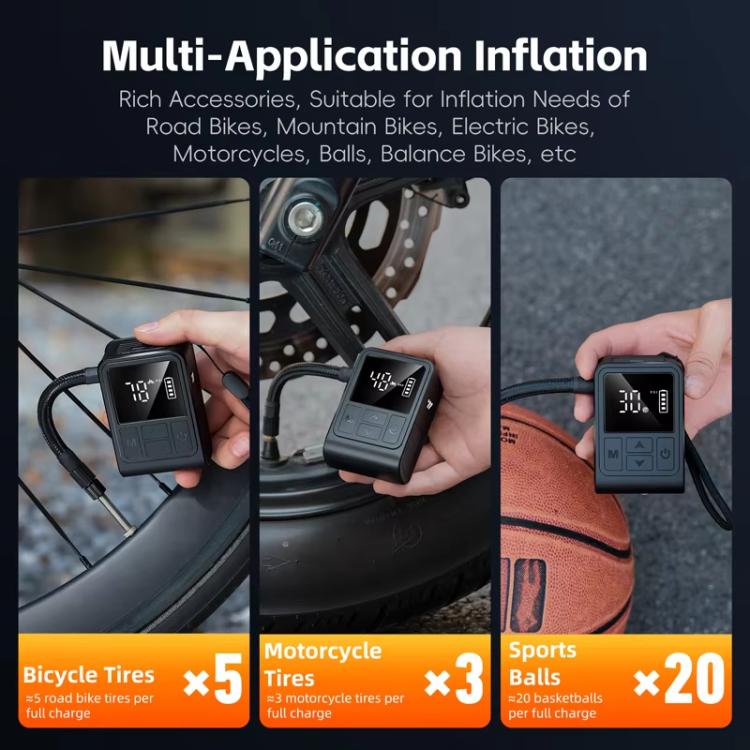 Black digital air pump inflator shown in use for inflating tires, sports balls, and more
