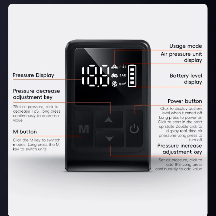 Compact electric air pump with digital pressure display and control buttons