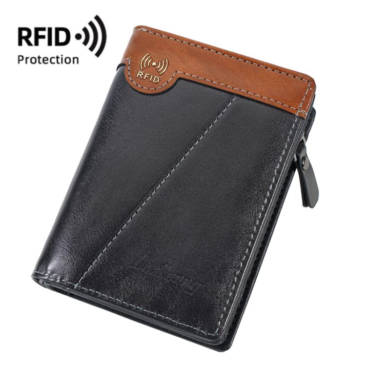 Men’s compact RFID leather wallet, black with tan trim and stitched diagonal panel