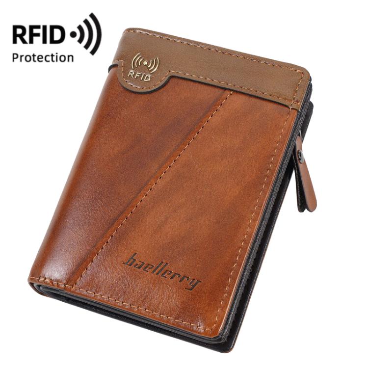 Men’s compact RFID leather wallet, light brown with tan stitching and embossed logo