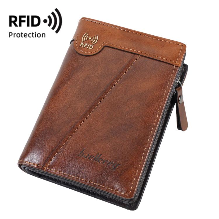 Men’s compact RFID leather wallet, dark brown with tan stitching and embossed logo