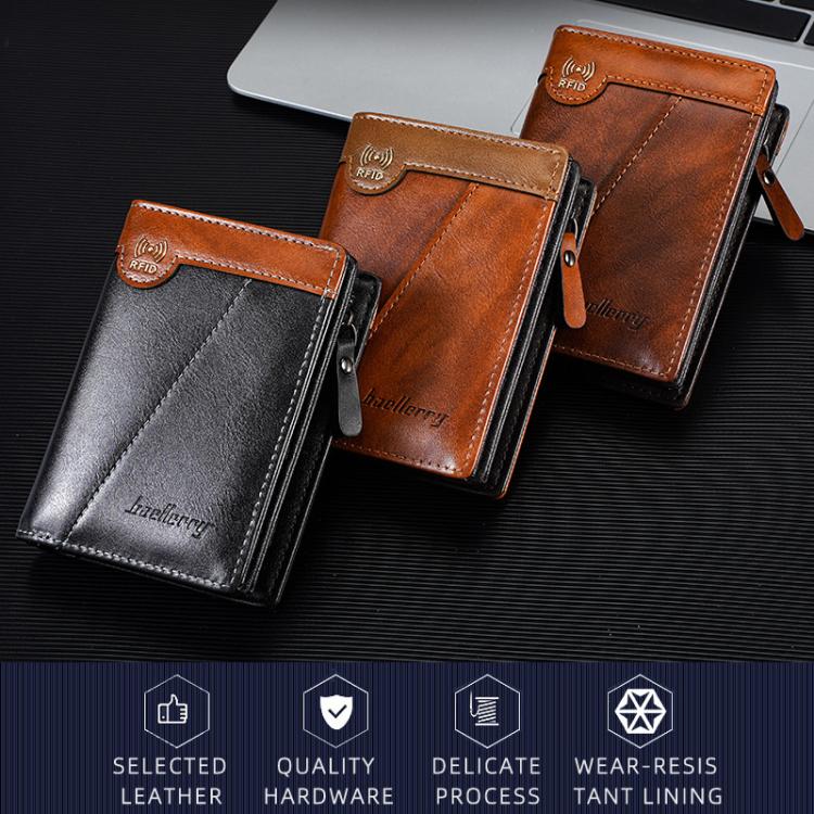 Men’s compact RFID leather wallet, black and brown styles shown side by side