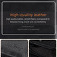 Compact RFID leather wallet close-up, embossed logo and stitched edges