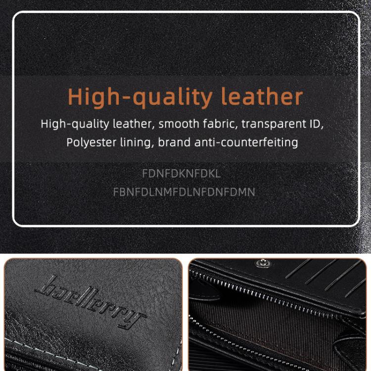 Compact RFID leather wallet close-up, embossed logo and stitched edges