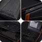 Compact RFID wallet close-ups, zip pocket and card slot dividers in black leather