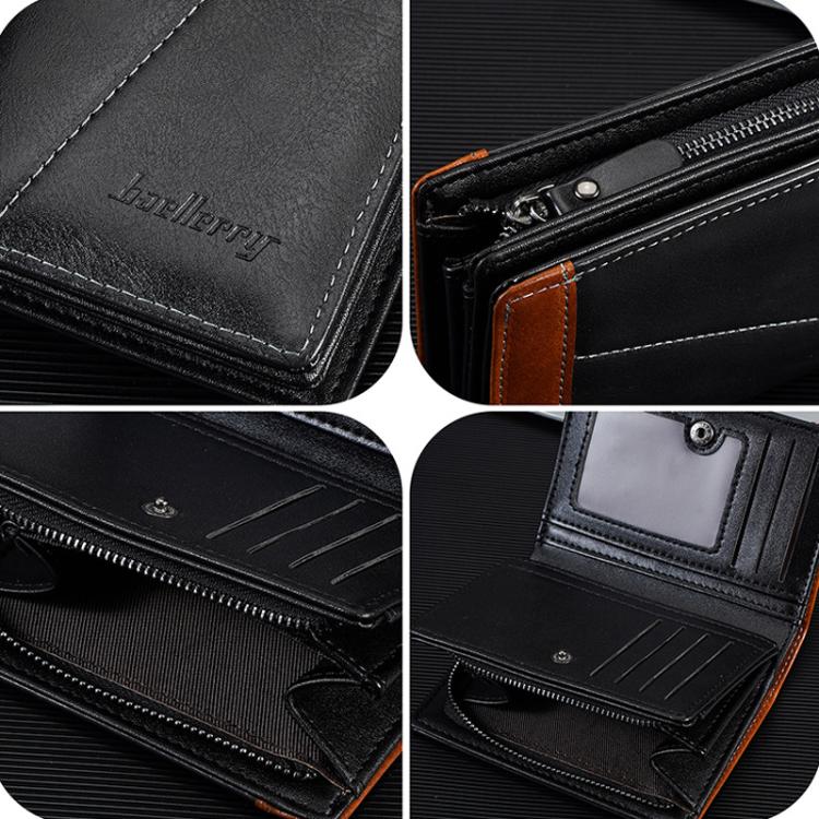 Compact RFID wallet close-ups, zip pocket and card slot dividers in black leather