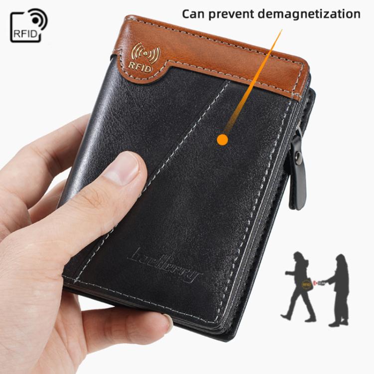 Men’s compact RFID leather wallet held in hand, black with tan trim and logo