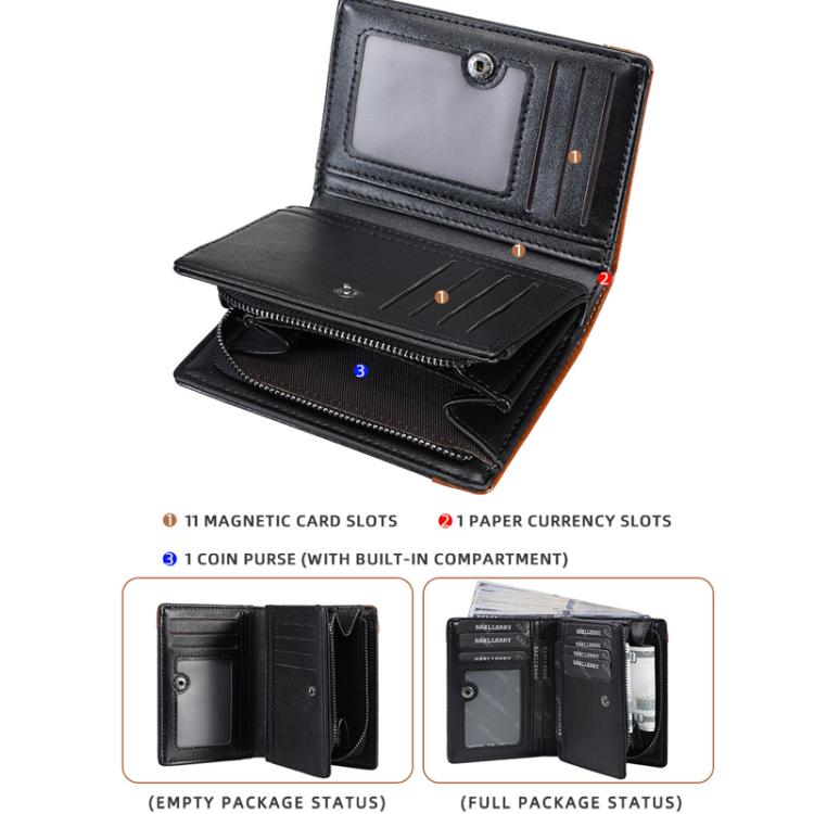 Compact RFID wallet open, clear ID window and multi-card slots with zipper pocket