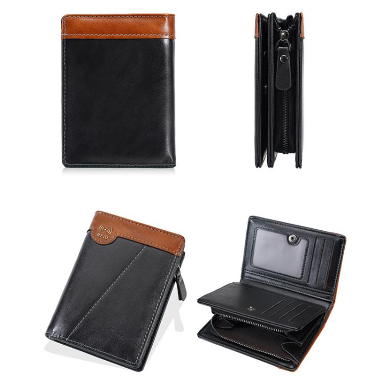 Men’s compact RFID leather wallets shown in multiple views, with ID window and zipper
