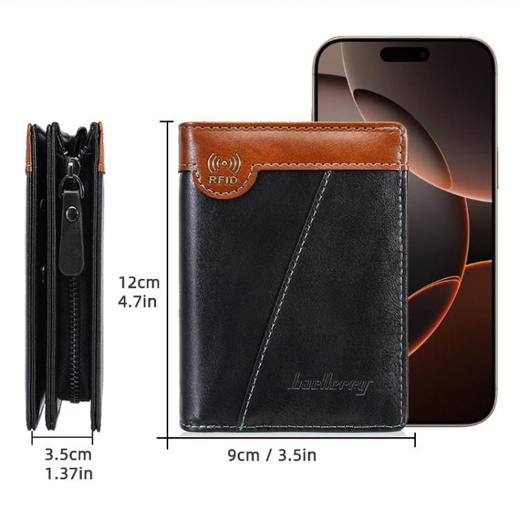 Men's compact RFID bifold wallet, black and brown waxed leather, multi-card