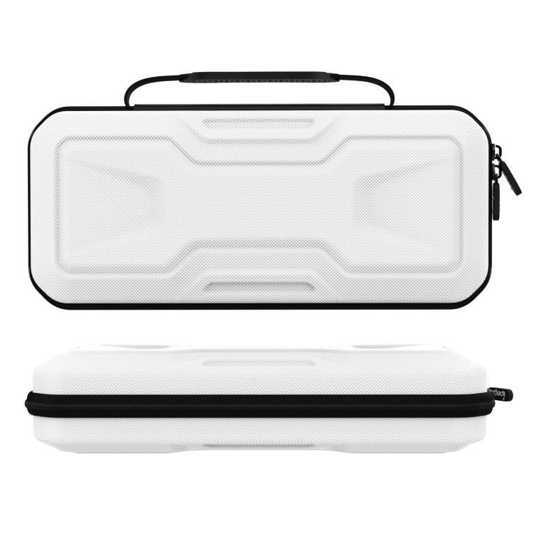 White EVA hard case with zipper and carry handle, open and closed views