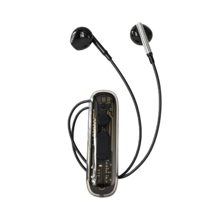 Black clip-on hearing aid amplifier with wired earbuds and clear device case