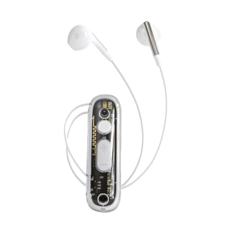 White clip-on hearing aid amplifier with wired earbuds and clear device case
