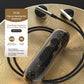 Black clip-on hearing aid amplifier with two wired earbuds and device module
