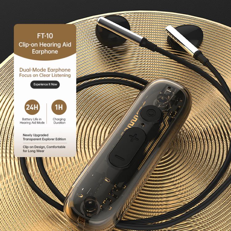 Black clip-on hearing aid amplifier with two wired earbuds and device module