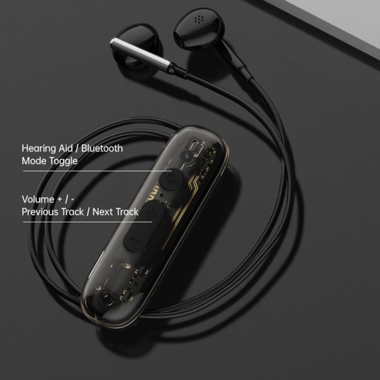Black clip-on hearing aid amplifier earbuds with slim case and attached cord