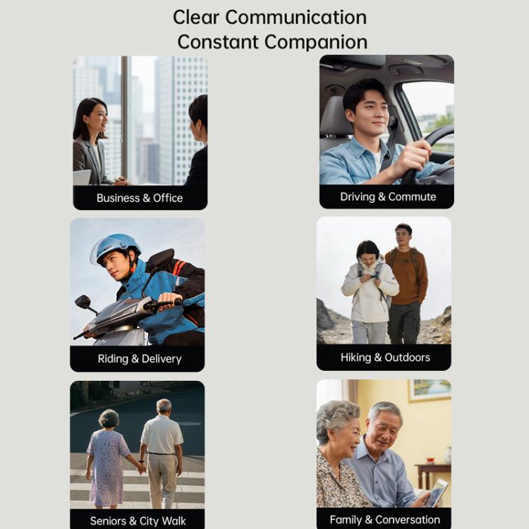 Clip-on hearing aid amplifier mode infographic with multiple use scenario cards