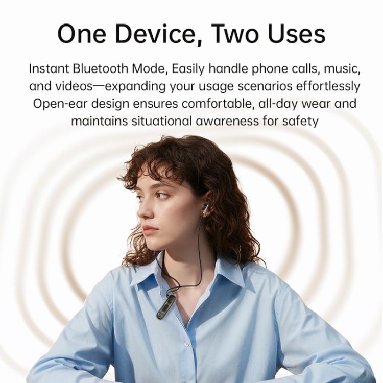 Open-ear clip-on hearing aid amplifier worn by woman with microphone cable