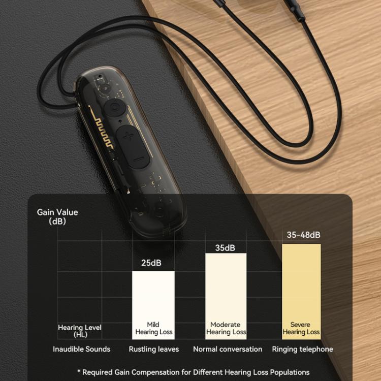 Black clip-on hearing aid amplifier with control buttons and wired earbuds