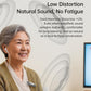 Clip-on hearing aid headset with white earbuds and wearable control module