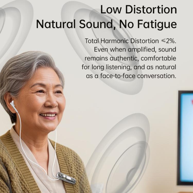 Clip-on hearing aid headset with white earbuds and wearable control module