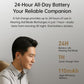 Clip-on hearing aid worn with black earbuds and flexible neck cable
