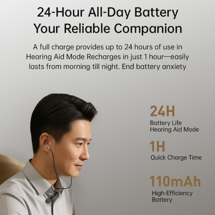 Clip-on hearing aid worn with black earbuds and flexible neck cable