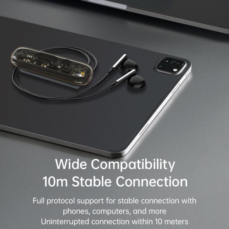 Black clip-on hearing aid amplifier headphones with earbuds and charging case
