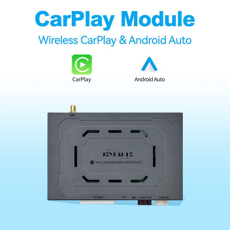 Wireless CarPlay module unit, black decoder box shown with feature icons
