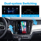 In-dash wireless CarPlay/Android Auto interface showing main and Bluetooth screens