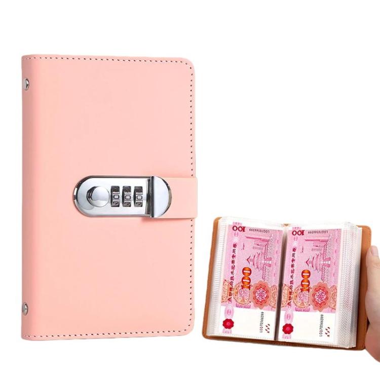 Pink password lock cash book with folding cover and transparent bill pocket pages
