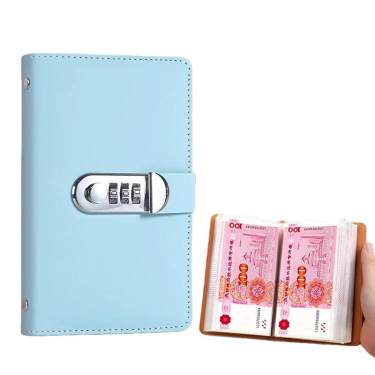 Blue password lock cash book with combination lock and clear currency card pockets