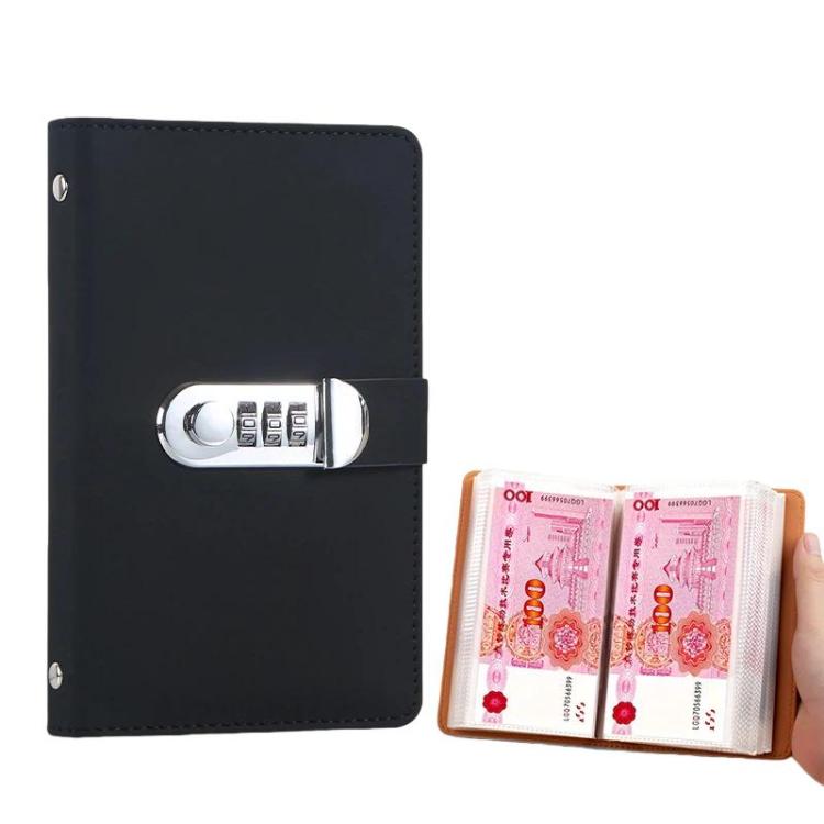 Black password lock cash book with combination lock and clear currency pocket sleeves