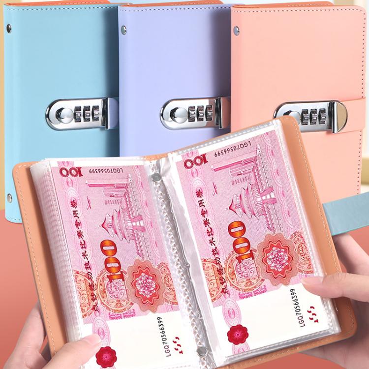 Password lock cash book set showing clear currency pockets and metal combination dials