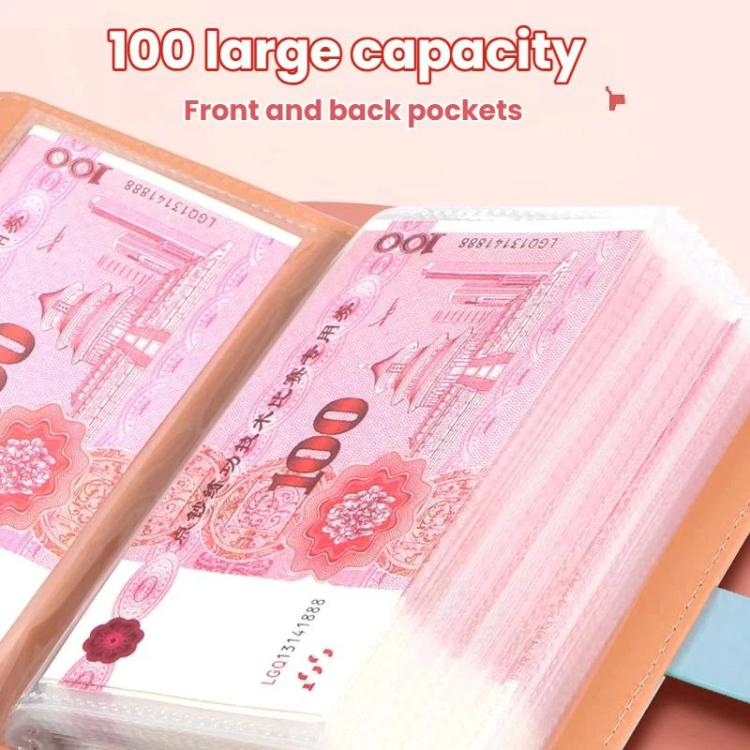 Cash book with clear, transparent inner pockets for holding banknotes in 100 capacity