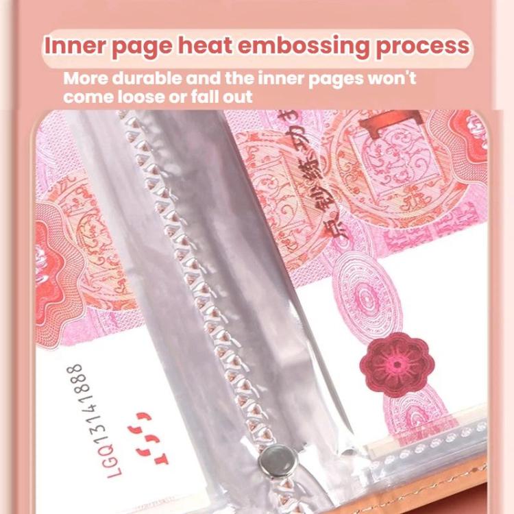 Cash book with stitched inner pocket pages and heat-embossed clear sleeve edges