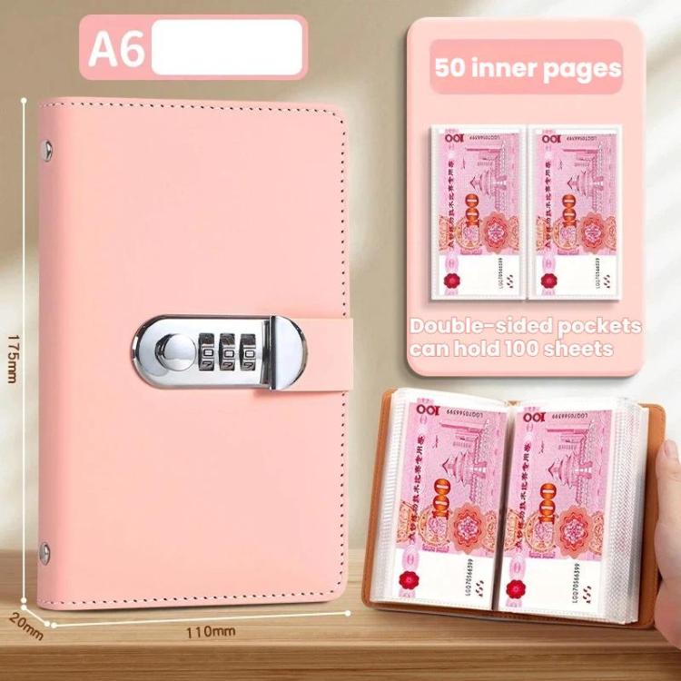 A6 password lock cash book with combination keypad, pink cover, double-sided pockets