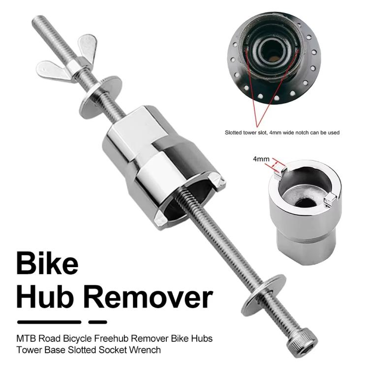 Bicycle hub remover tool with slotted tower base socket and axle-side insert piece