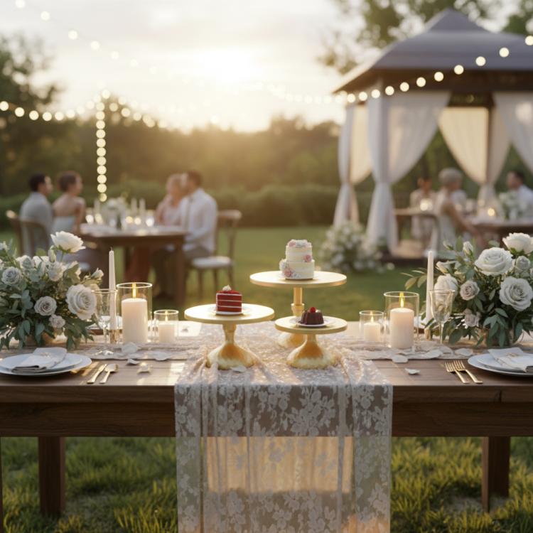 Outdoor event dessert table with tiered cake stand set and small cakes