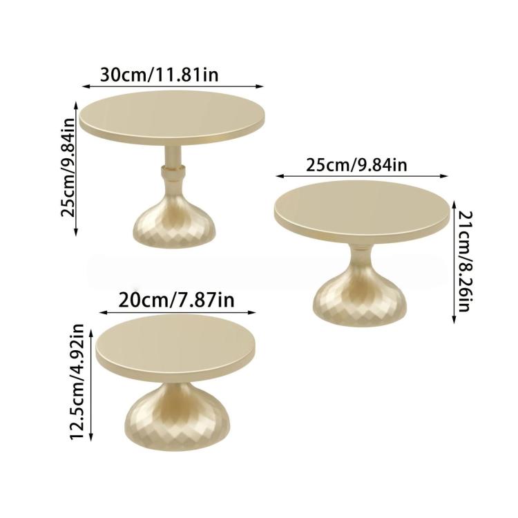 Three-round-plate tiered cake stand set with pedestal bases in three sizes