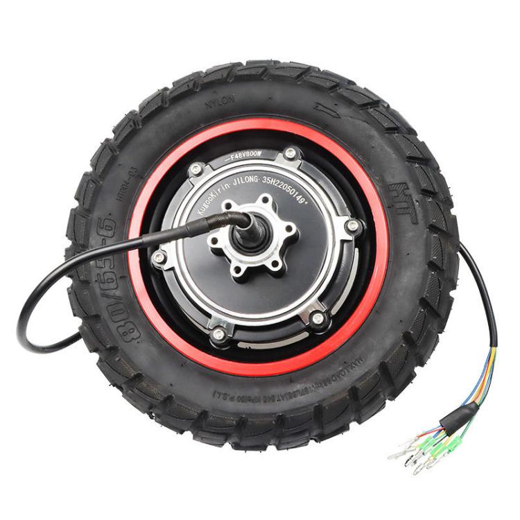 Inflatable off-road scooter tire with motor hub, black tread and red rim ring
